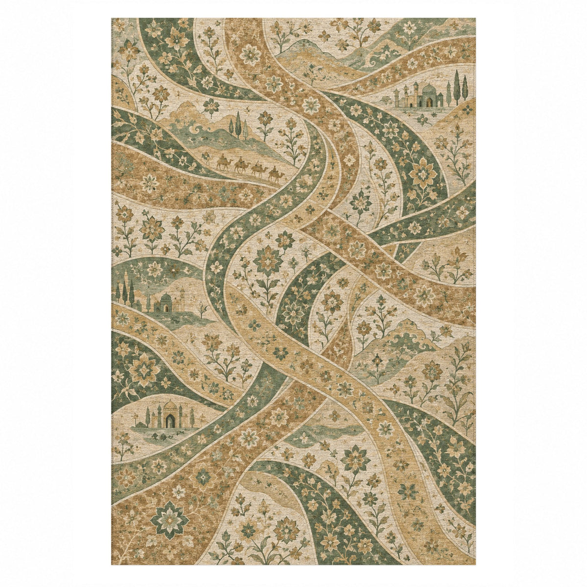 Woven Routes Sage Ethnic Washable Rug — top view