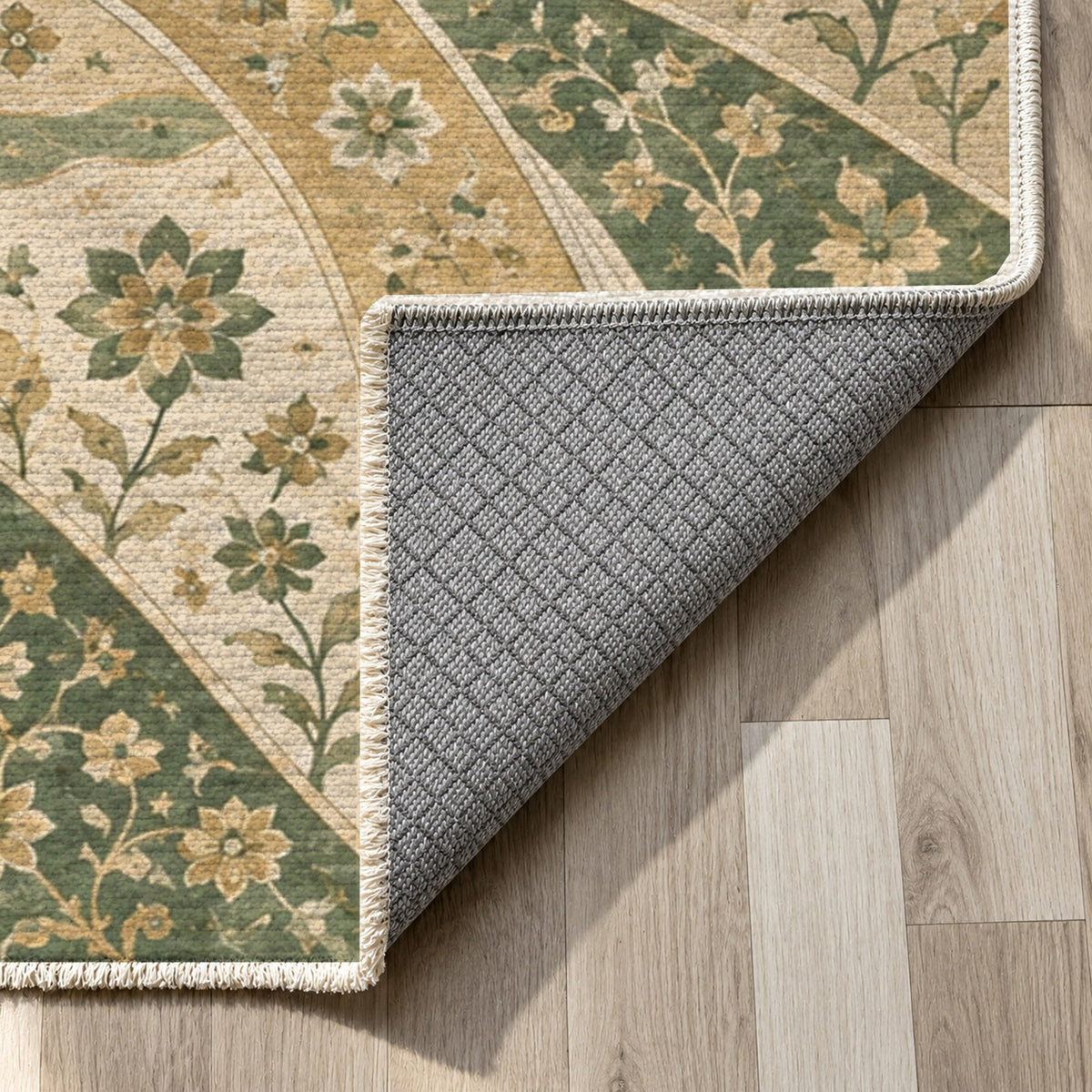 Woven Routes Sage Ethnic Washable Rug — backing close up