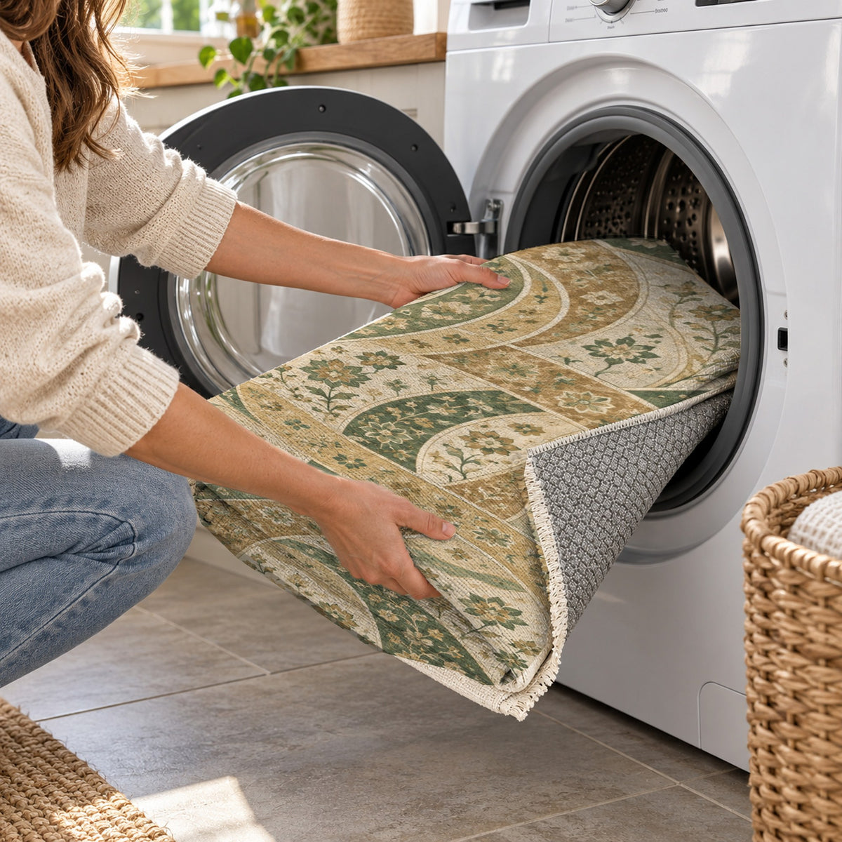 Woven Routes Sage Ethnic Washable Rug — washing machine