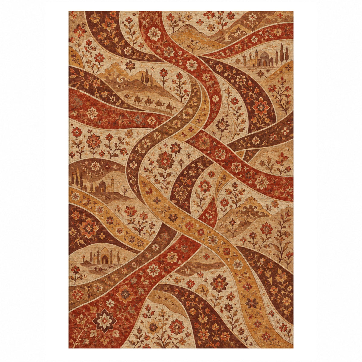 Woven Routes Terracotta Ethnic Washable Rug — top view