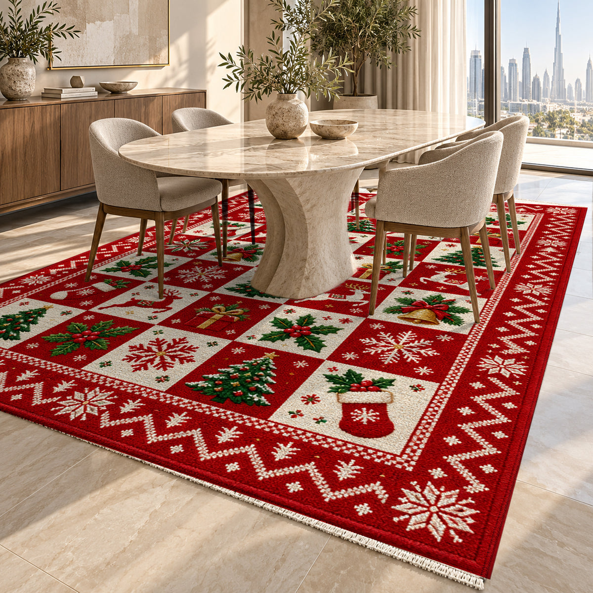 Yuletide Crimson Washable Rug — dubai dining