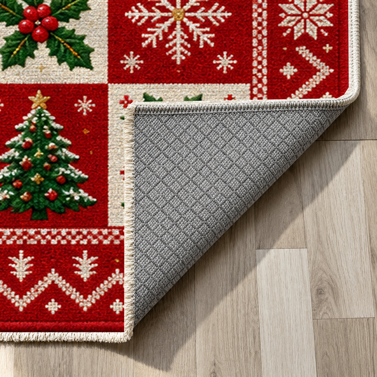 Yuletide Crimson Washable Rug — backing close up