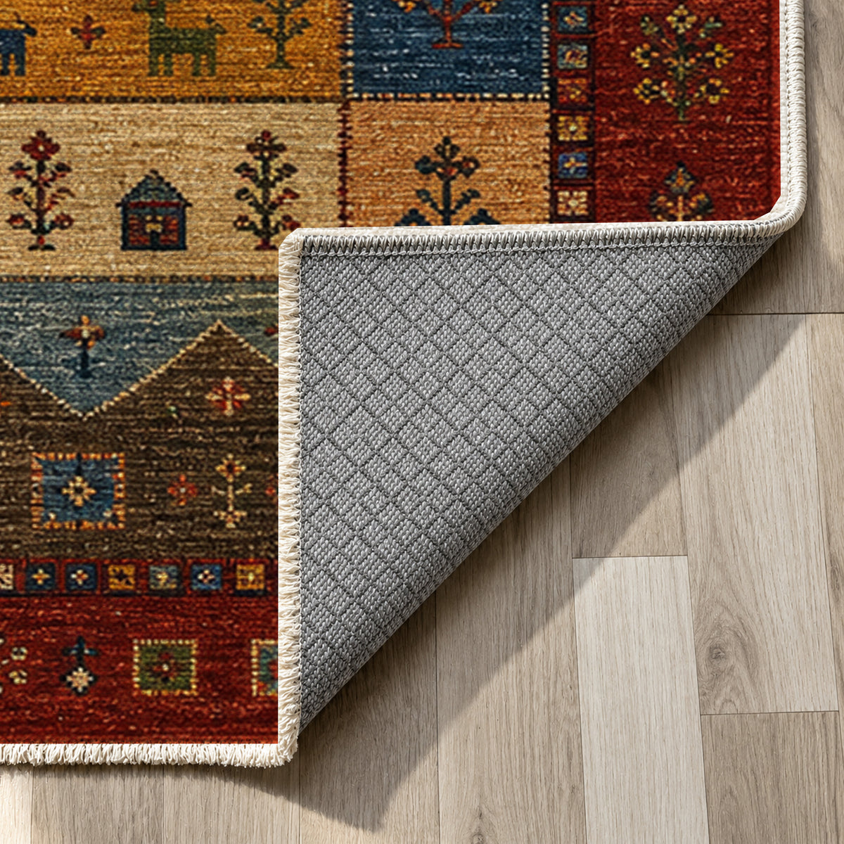 Zagros Garnet Ethnic Washable Rug — backing close up