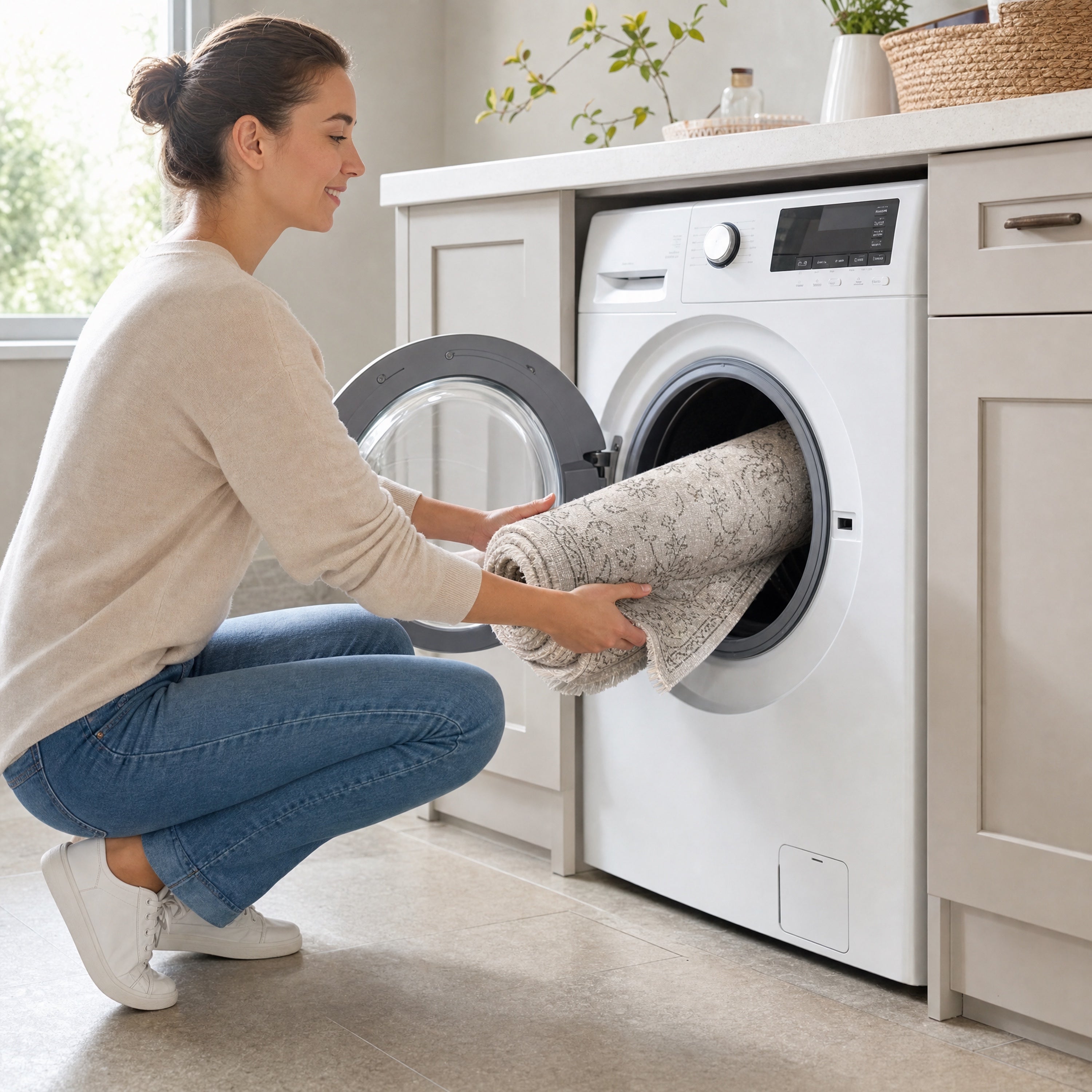A Rug Weavers washable rug being loaded into a washing machine